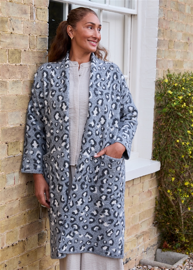 Leopard Jacquard Roll Collar Coatigan