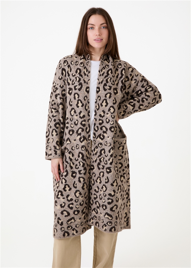 Leopard Jacquard Roll Collar Coatigan