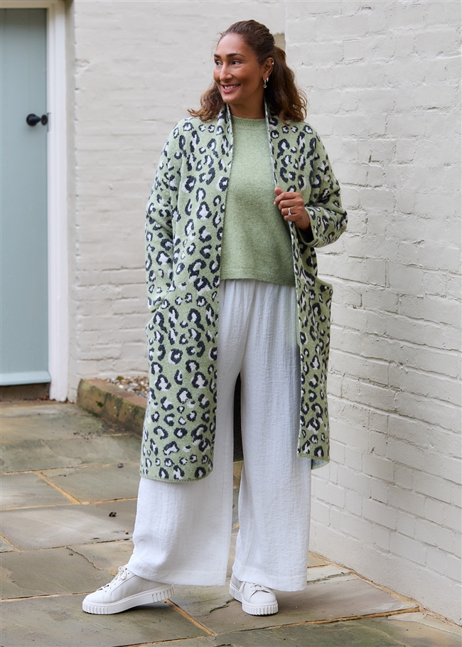 Leopard Jacquard Roll Collar Coatigan