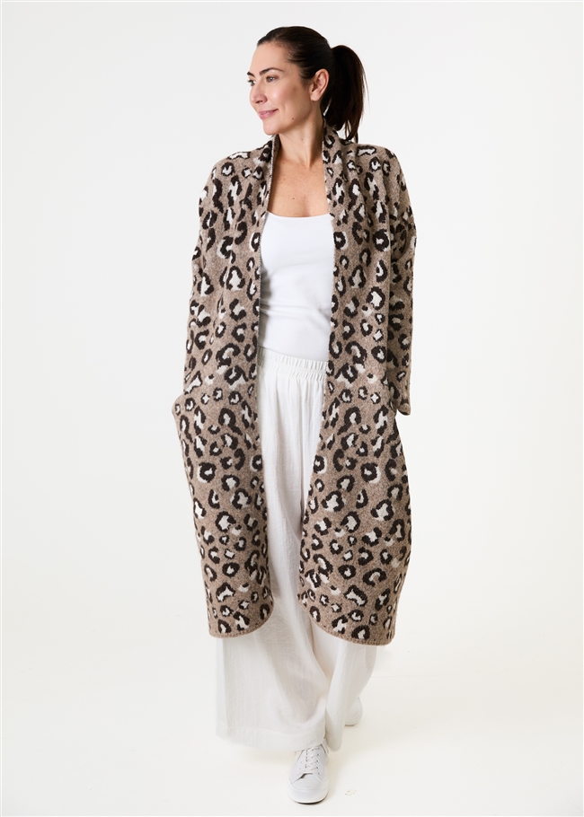 Leopard Jacquard Roll Collar Coatigan