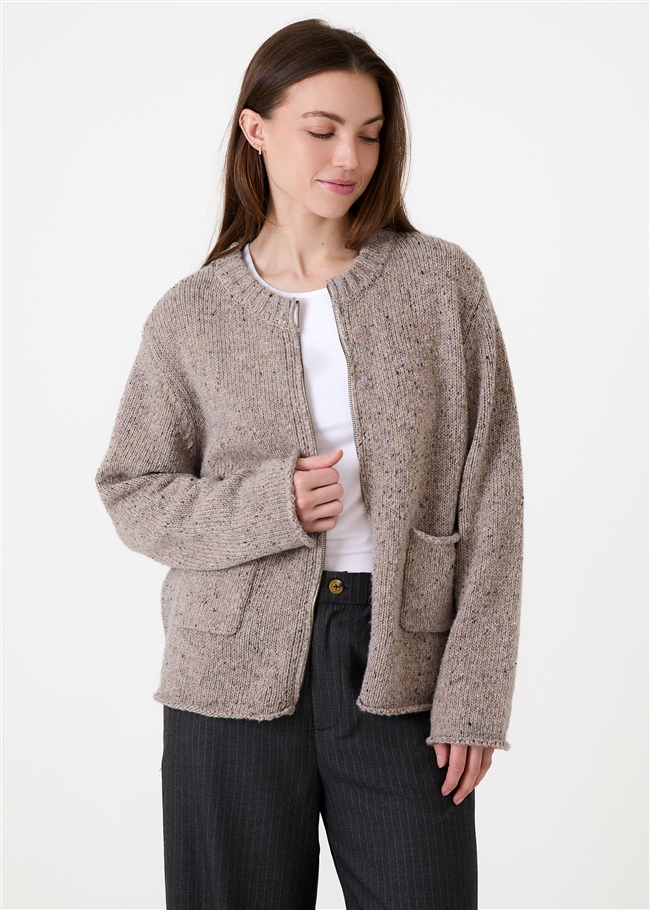 Soft Nep Boxy Zip Front Cardigan - Mink - side body view