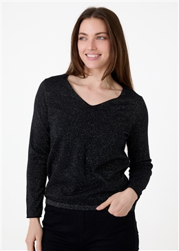 Cashmere Like Lurex Fitted V-Neck Jumper - Black - front view