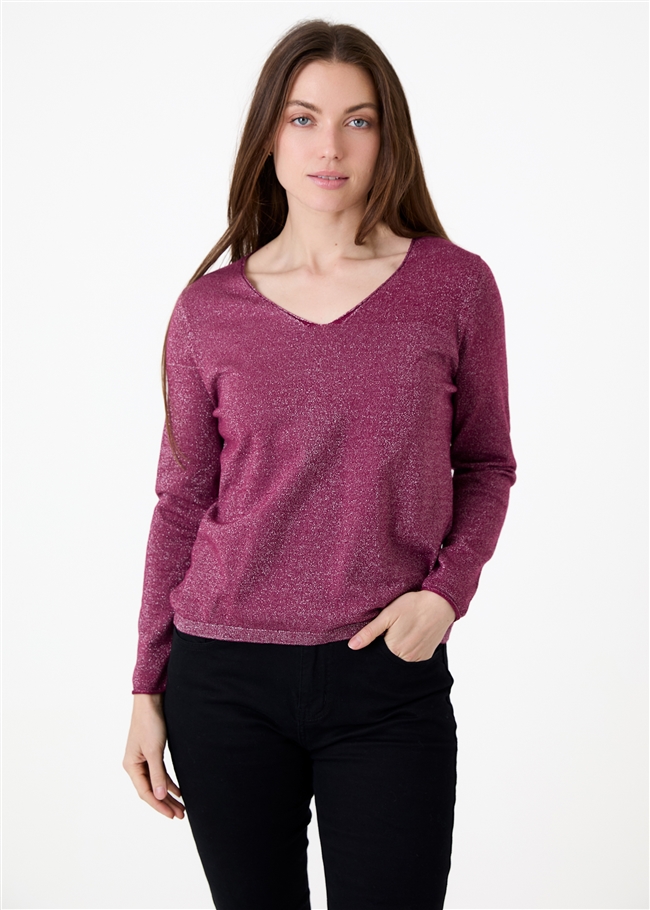 Cashmere Like Lurex Fitted V-Neck Jumper