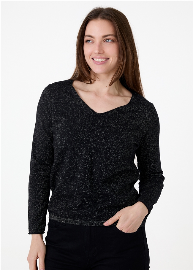 Cashmere Like Lurex Fitted V-Neck Jumper
