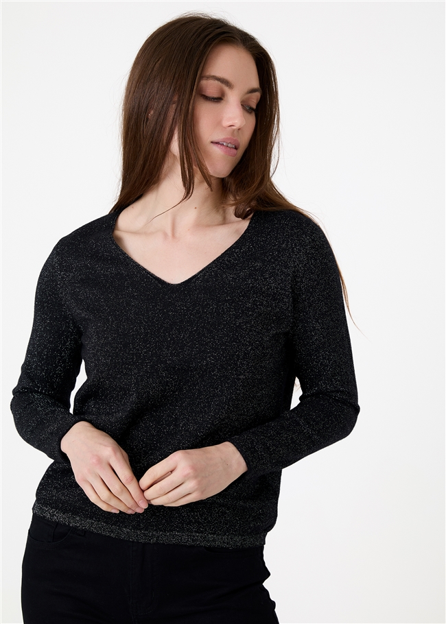 Cashmere Like Lurex Fitted V-Neck Jumper