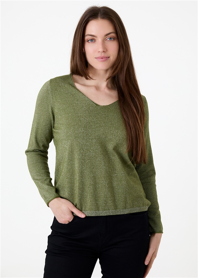 Cashmere Like Lurex Fitted V-Neck Jumper