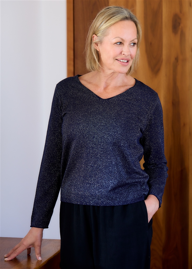 Cashmere Like Lurex Fitted V-Neck Jumper - Navy - front view