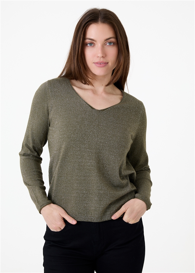 Cashmere Like Lurex Fitted V-Neck Jumper