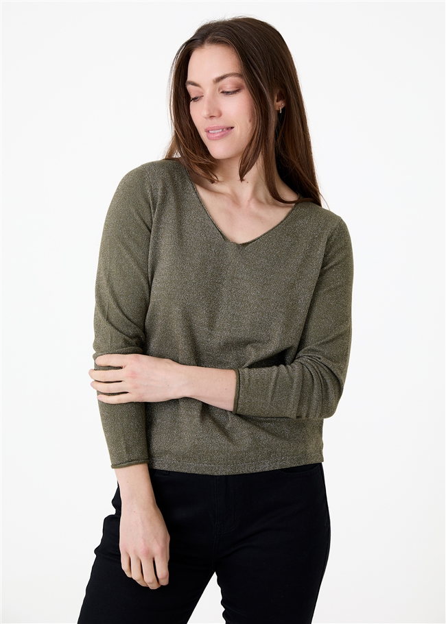 Cashmere Like Lurex Fitted V-Neck Jumper