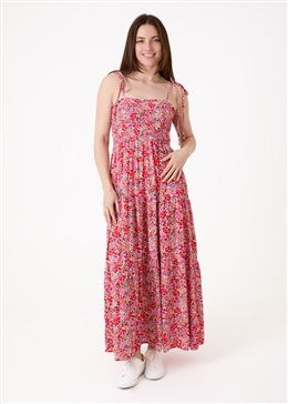 Ditsy Cluster Shirring Shoestring Maxi Dress - Red - front view