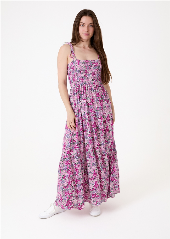Ditsy Cluster Shirring Shoestring Maxi Dress
