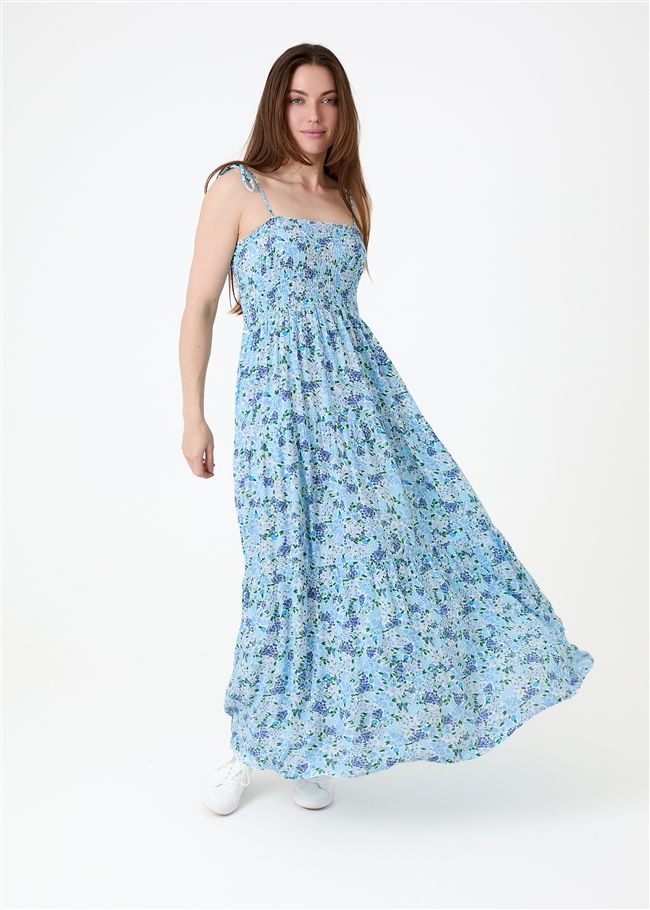 Ditsy Cluster Shirring Shoestring Maxi Dress