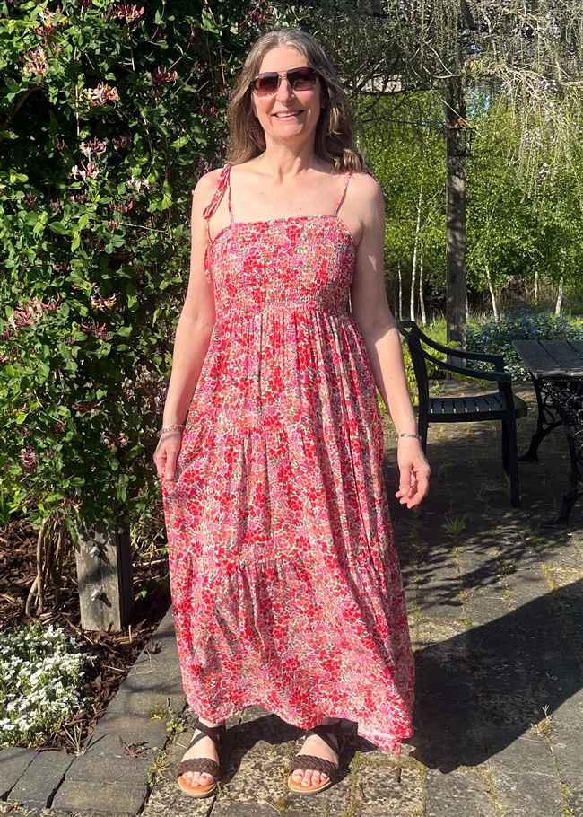 Ditsy Cluster Shirring Shoestring Maxi Dress