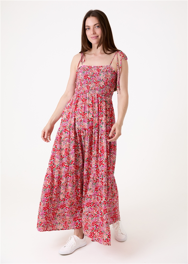 Ditsy Cluster Shirring Shoestring Maxi Dress - Red - side body view