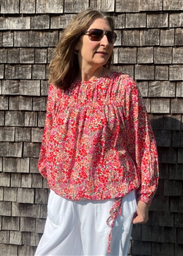 Ditsy Cluster Drawstring Hem Blouse - Red - side body view