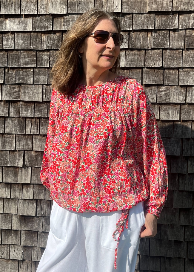 Ditsy Cluster Drawstring Hem Blouse - Red - side body view