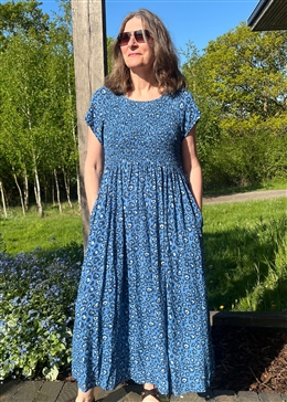 Tonal Leopard Short Sleeve Shirring Dress - Denim Blue - front view