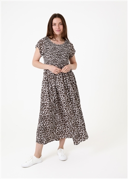 Tonal Leopard Short Sleeve Shirring Dress - Ivory/Taupe - side body view