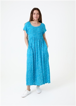 Tonal Leopard Short Sleeve Shirring Dress - Turquoise - front view