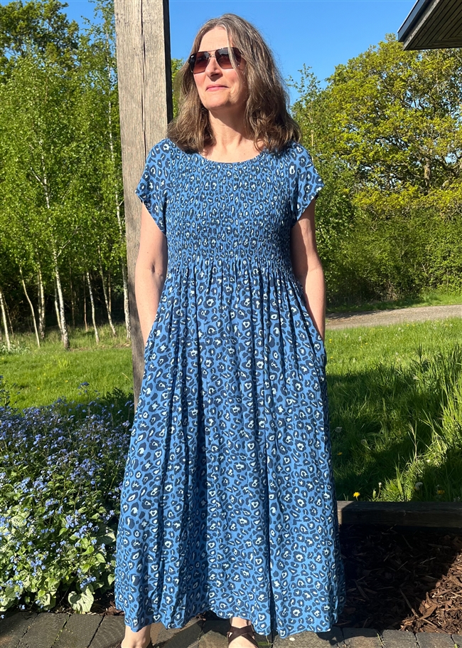 Tonal Leopard Short Sleeve Shirring Dress - Denim Blue - front view