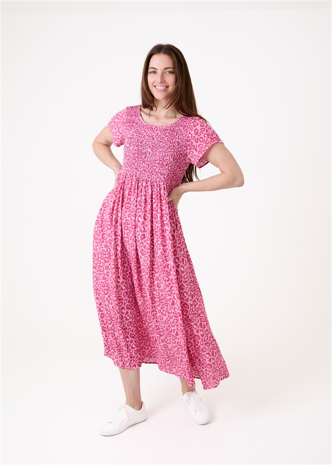 Tonal Leopard Short Sleeve Shirring Dress