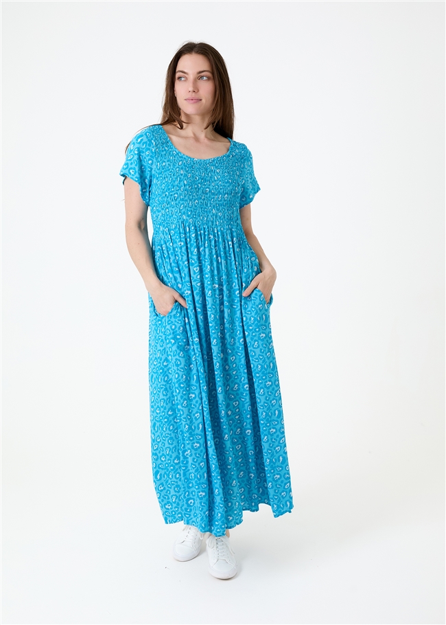 Tonal Leopard Short Sleeve Shirring Dress