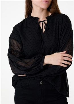 Flock Spot Pleat Detail Poet Blouse - Black - front view