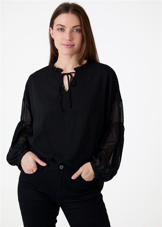 Flock Spot Pleat Detail Poet Blouse