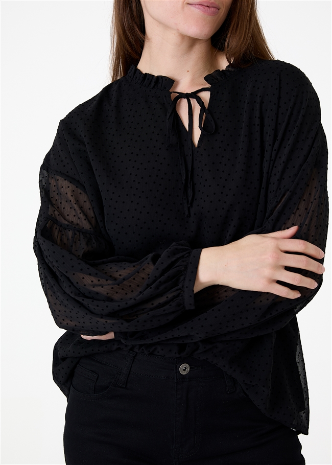 Flock Spot Pleat Detail Poet Blouse