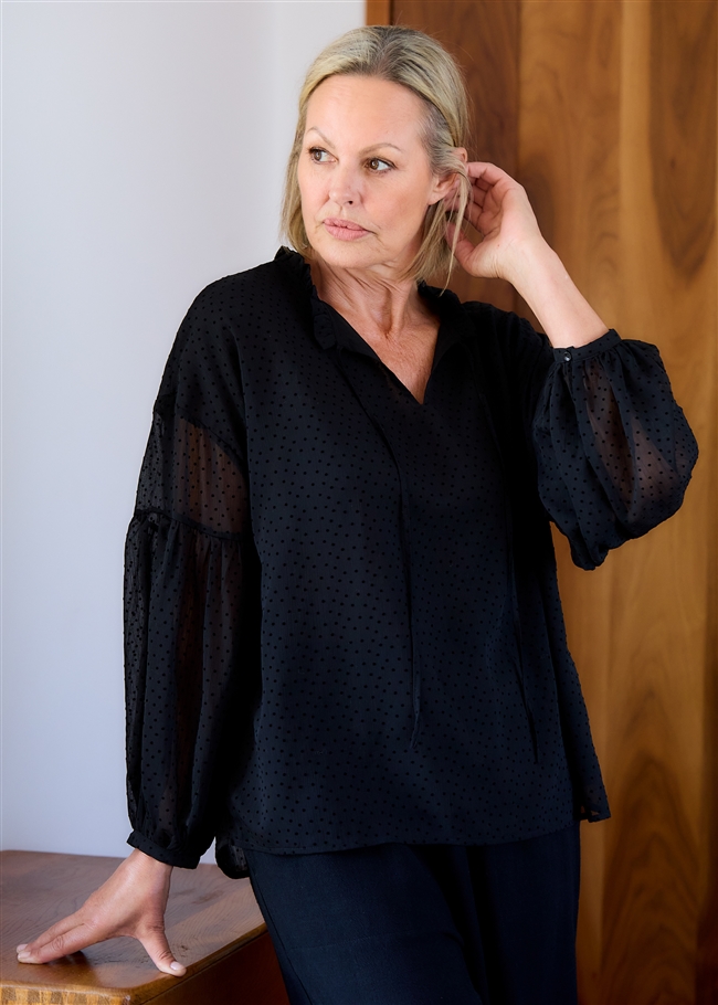 Flock Spot Pleat Detail Poet Blouse