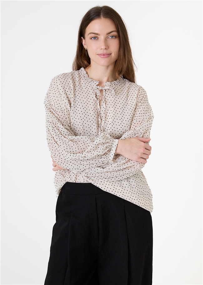 Flock Spot Pleat Detail Poet Blouse
