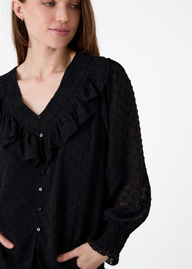 Chiffon Dobby Frill Bib v Neck Blouse