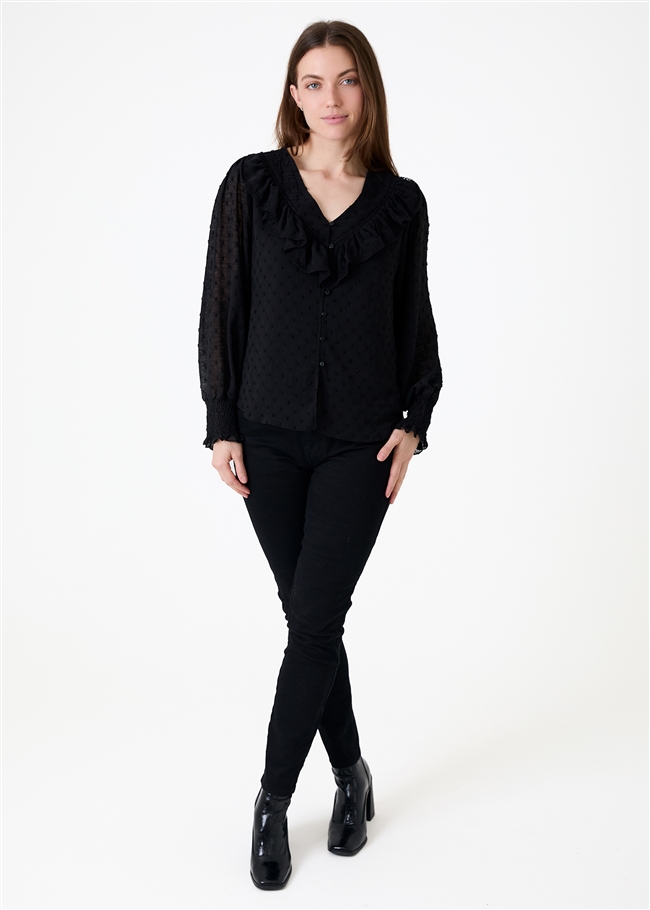 Chiffon Dobby Frill Bib v Neck Blouse