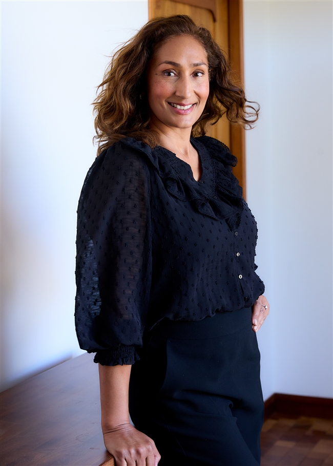 Chiffon Dobby Frill Bib v Neck Blouse - Black - side body view