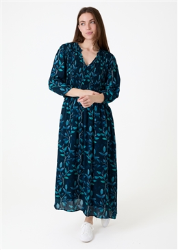 Watercolour Vines Notch Neck Shirring Dress - Teal - front view