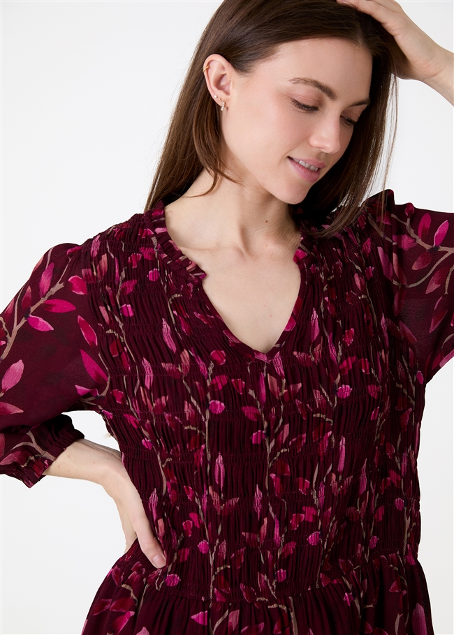 Watercolour Vines Notch Neck Shirring Dress