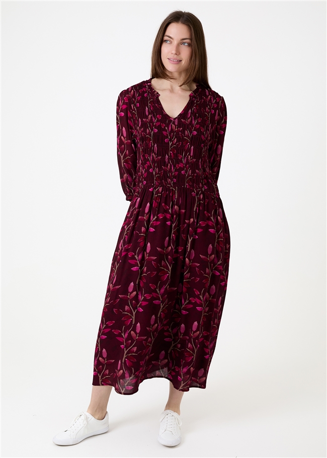Watercolour Vines Notch Neck Shirring Dress