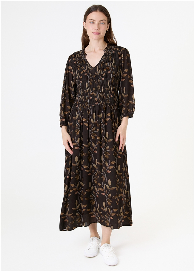 Watercolour Vines Notch Neck Shirring Dress