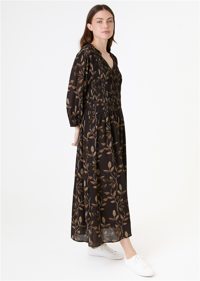 Watercolour Vines Notch Neck Shirring Dress