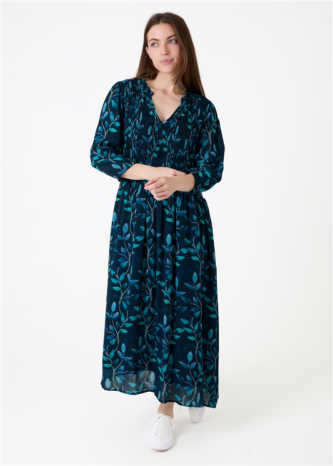 Watercolour Vines Notch Neck Shirring Dress