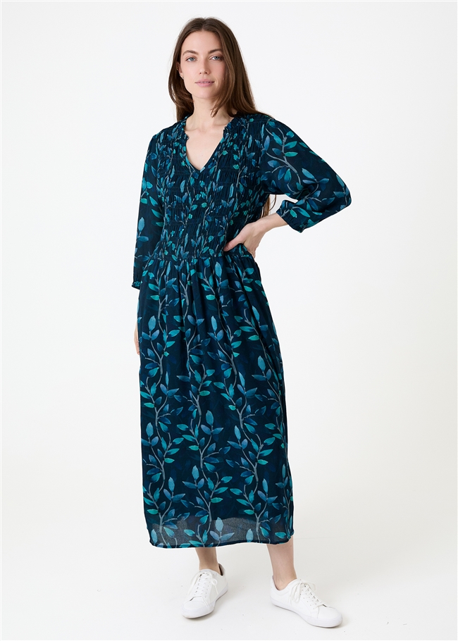 Watercolour Vines Notch Neck Shirring Dress