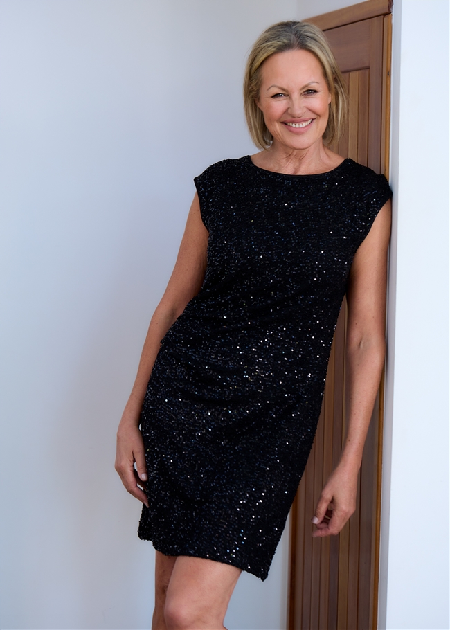 Sequin Jersey Cap Sleeve Shift Dress