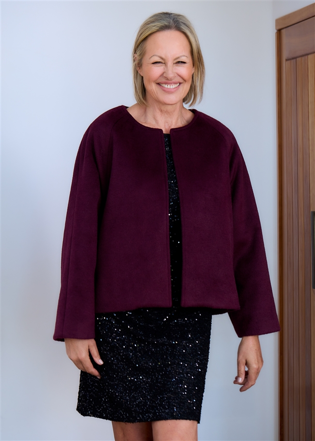 Wool Blend Boxy Round Neck Raglan Jacket