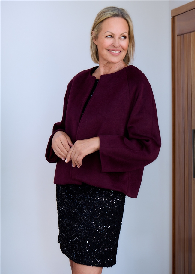 Wool Blend Boxy Round Neck Raglan Jacket