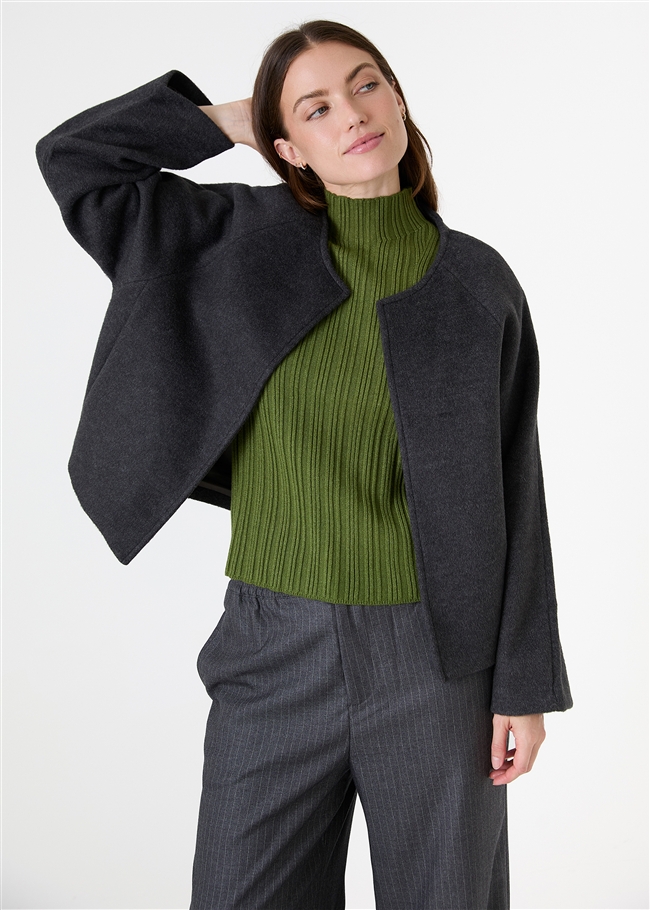 Wool Blend Boxy Round Neck Raglan Jacket