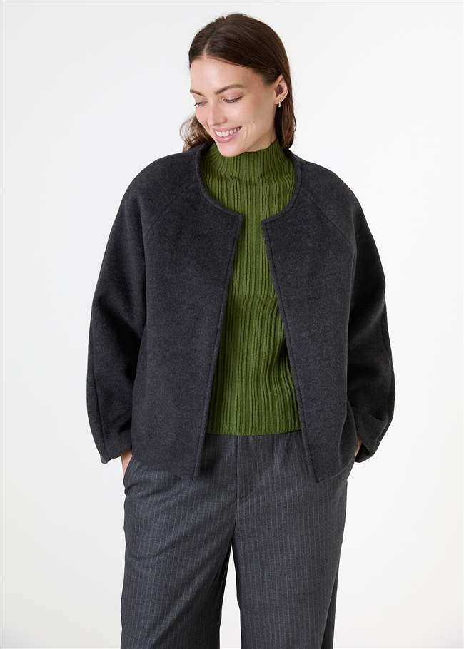 Wool Blend Boxy Round Neck Raglan Jacket
