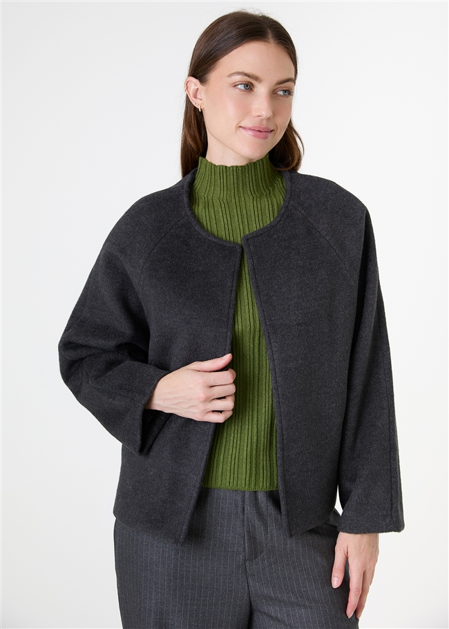 Wool Blend Boxy Round Neck Raglan Jacket