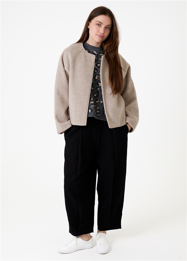 Wool Blend Boxy Round Neck Raglan Jacket
