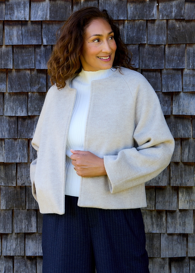 Wool Blend Boxy Round Neck Raglan Jacket - Stone - front view