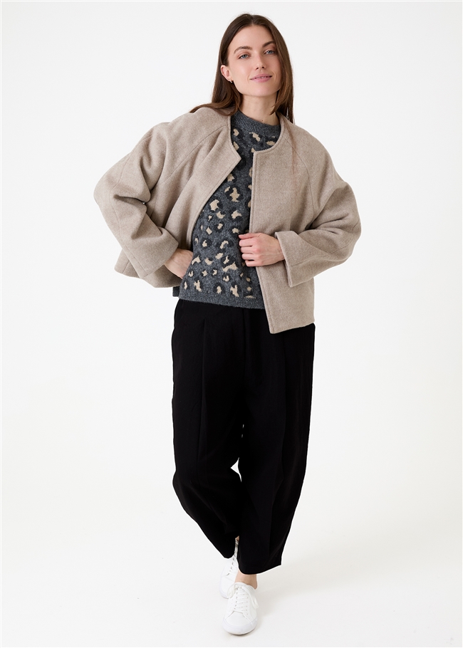 Wool Blend Boxy Round Neck Raglan Jacket